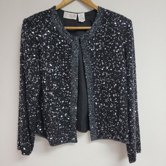 Scala Womens Black Vintage Silk Evening Jacket Small Petite Sequin Beaded Formal - Picture 1 of 10